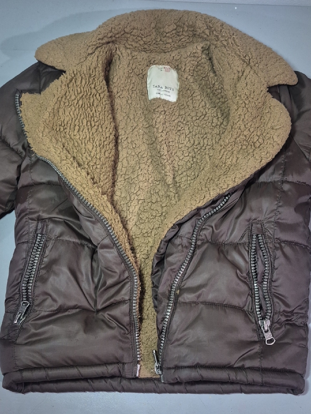 Zara Brown Puffer Jacket with Tan Sherpa Lining